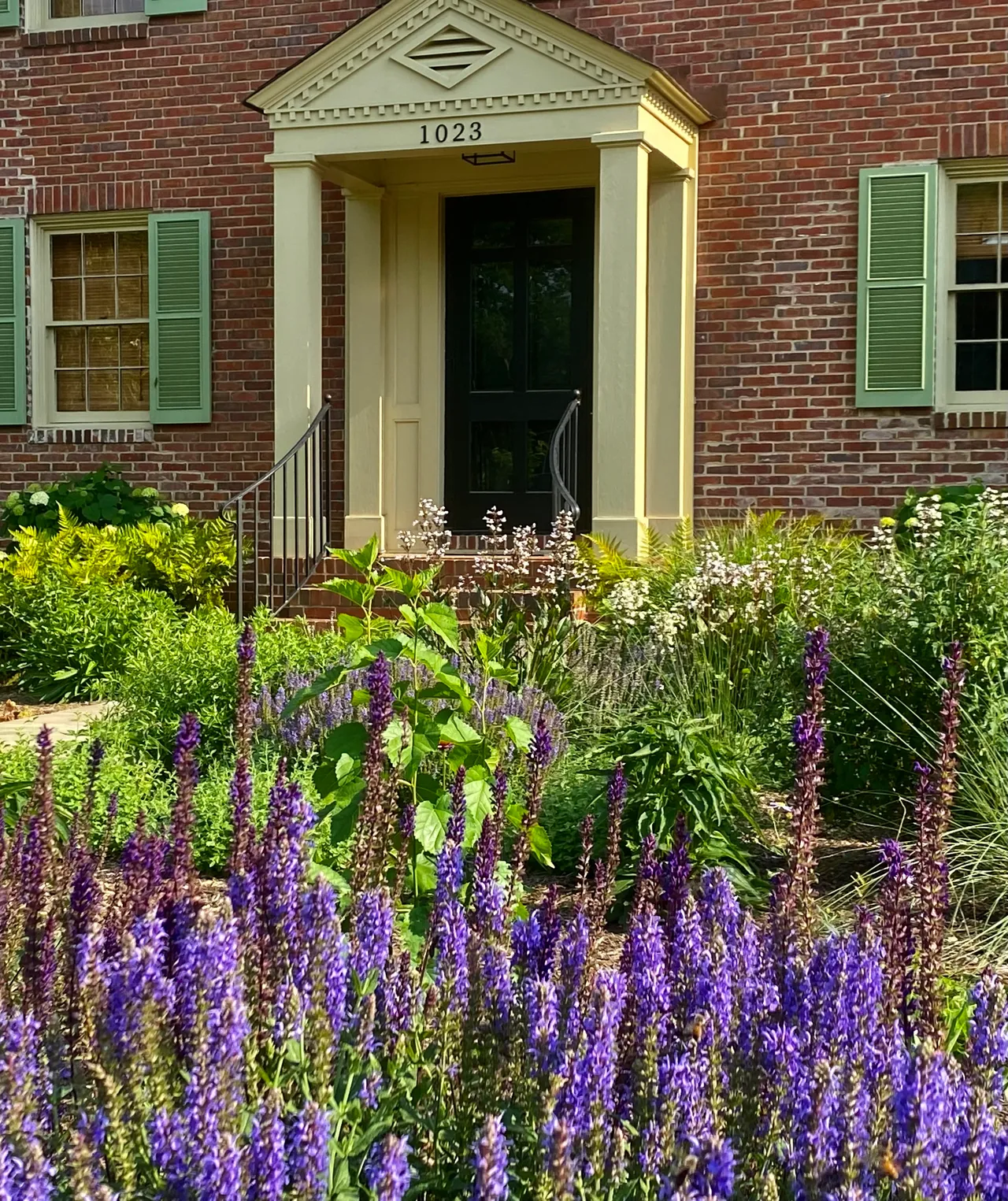Front entry framed by baptisia and salvia