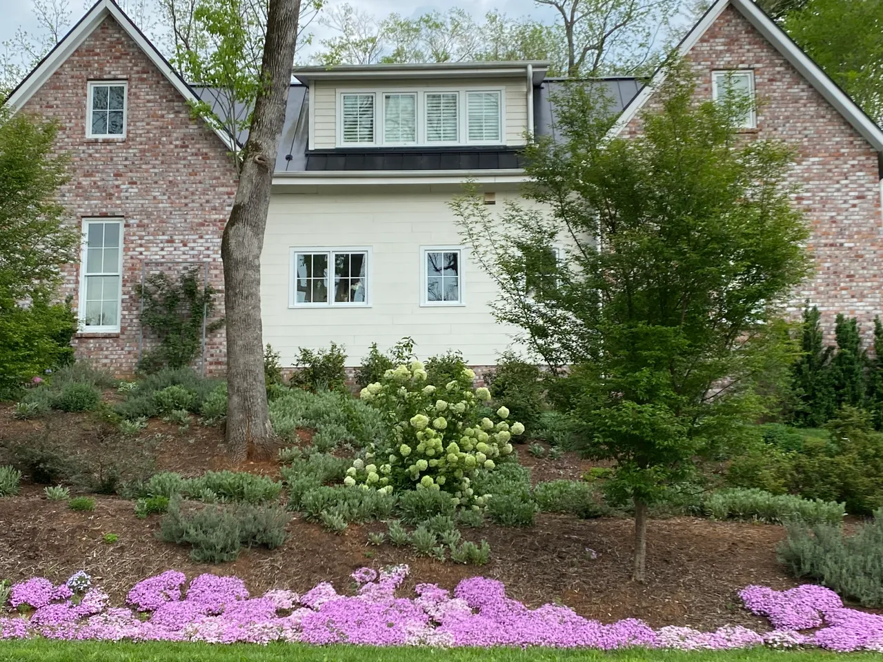 Front of the house with phlox, hydrangea and lavender in bloom