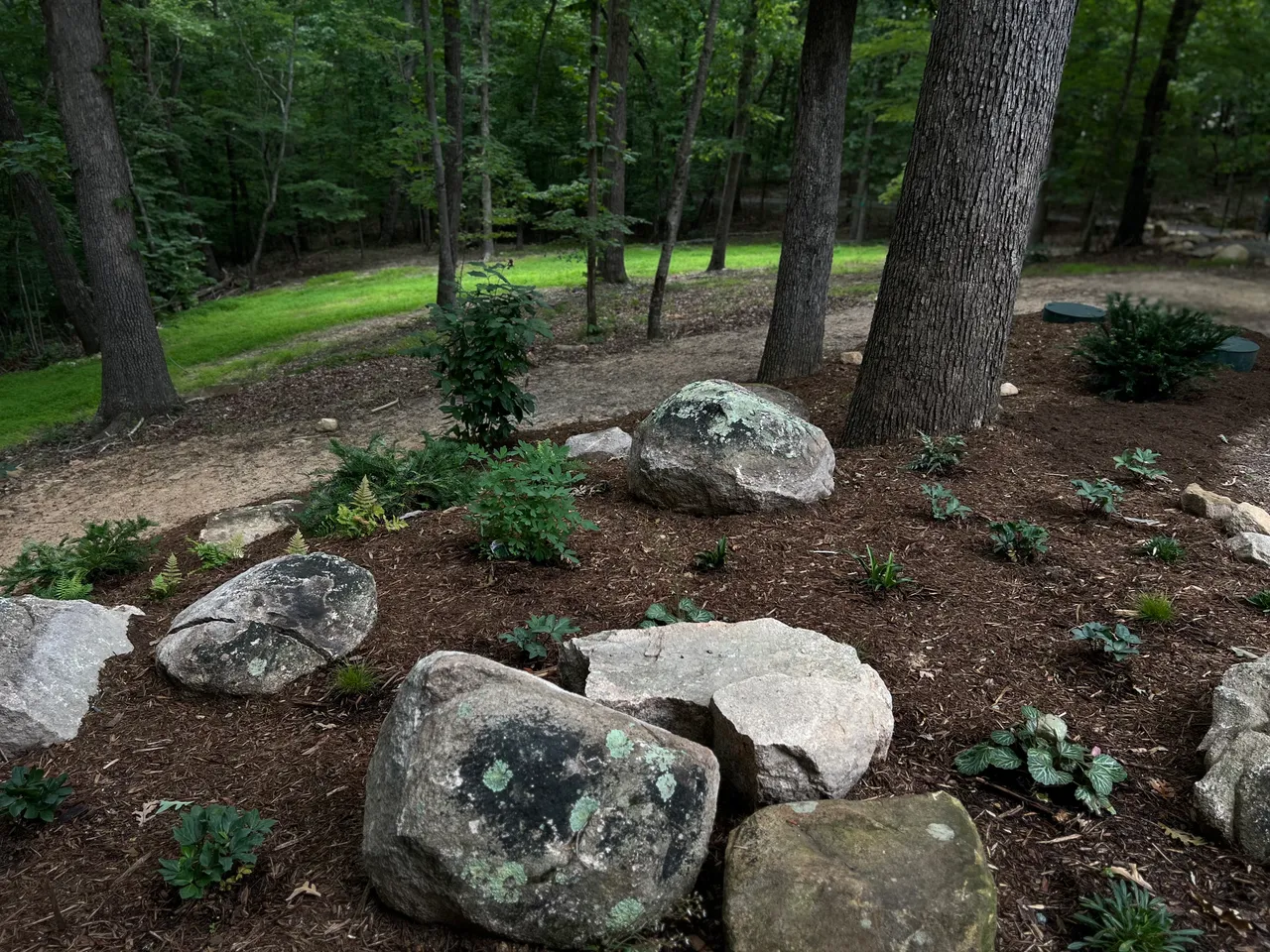 Overhead view of the boulder garden and gravel path during install